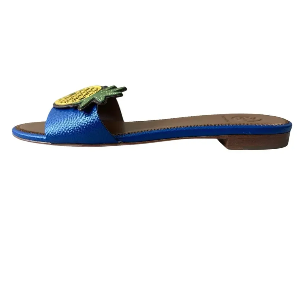 Tory Burch‎ Pineapple Accent Slide Sandals Blue Size 7